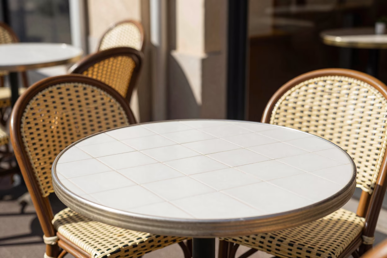 Sunlit Terrace Cafe in Nice France with Ceramic Tiles and Woven Basket in in Nice, France