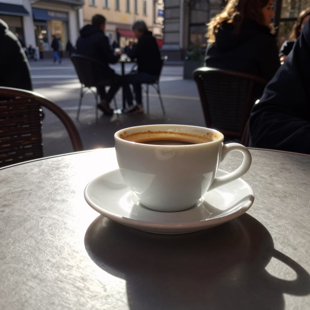 Sunlit Terrace in Milan Italy Afternoon Light Reflecting on Coffee Cup Rim Near Overpass in in Milan, Italy