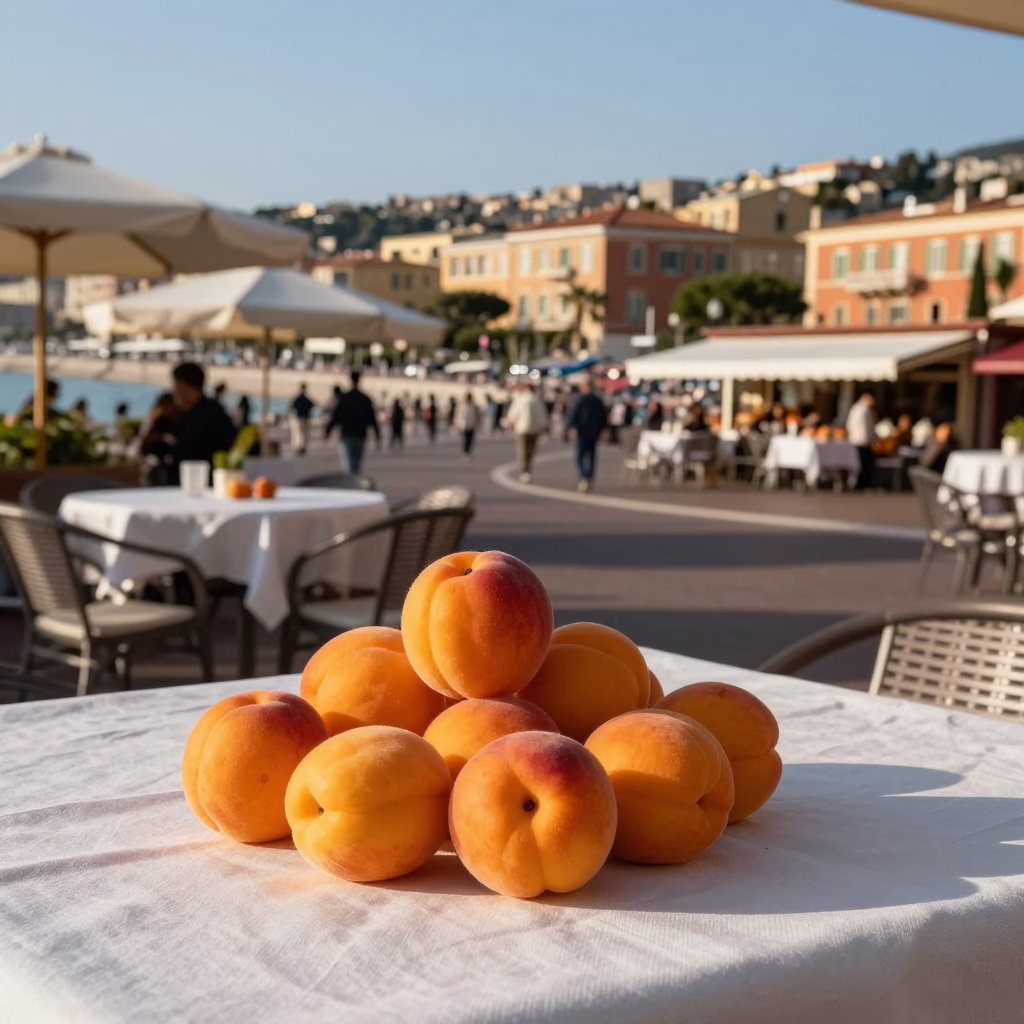 Sunlit Terrace in Nice France with Apricots and Local Street Life in in Nice, France