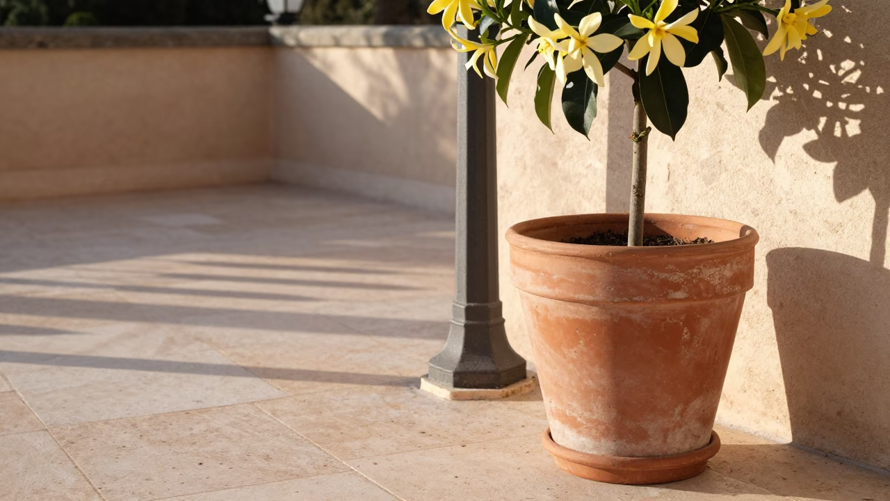 Sunlit Terrace in Nice France with Terracotta Pot and Ylang Ylang Bloom in in Nice, France