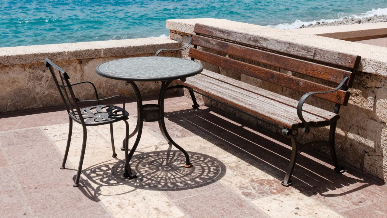 Sunlit Terrace in Nice France with Water Rings on Bench and Charcuterie Board in in Nice, France