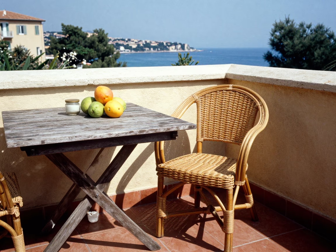 Sunlit terrace in Nice with rattan chair and fruit on wooden table in in Nice, France