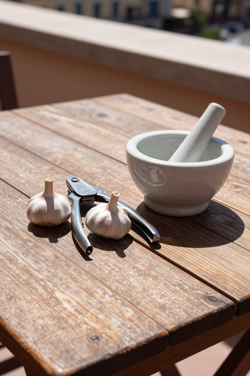 Sunlit Terrace Table with Garlic Press and Mortar in Nice France in in Nice, France