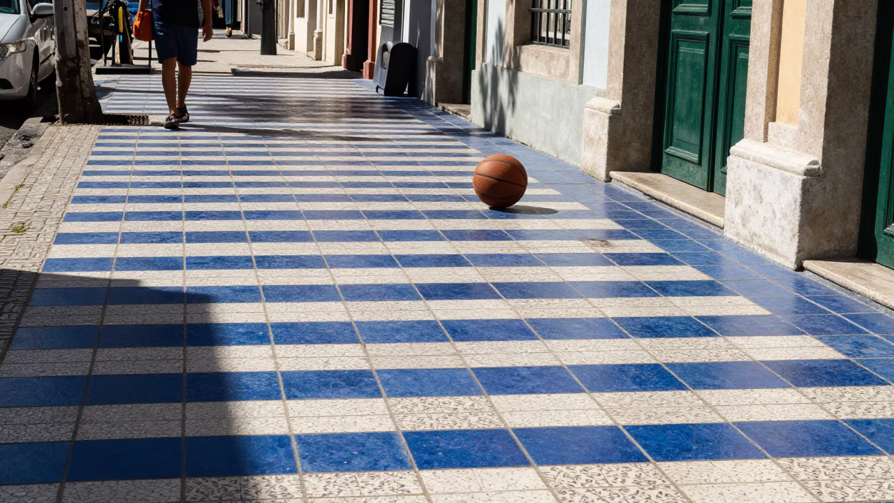 Sunlit Tile Floor and Basketball in Rio de Janeiro Brazil Midmorning Light in in Rio de Janeiro, Brazil