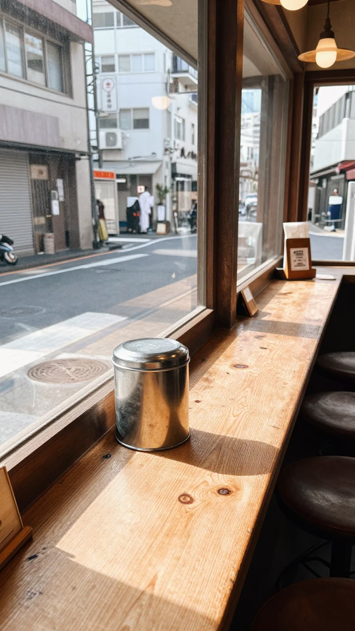 Sunlit Tokyo Cafe Counter with Tiffin Tin and Vintage Vespa View Outside Window in in Tokyo, Japan