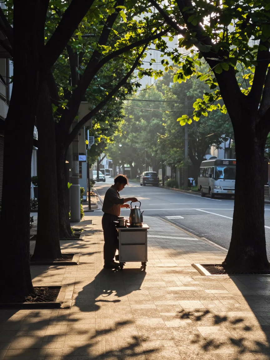 Sunlit Tokyo Street Corner with Leaf Shadows and Electric Kettle Vendor in in Tokyo, Japan