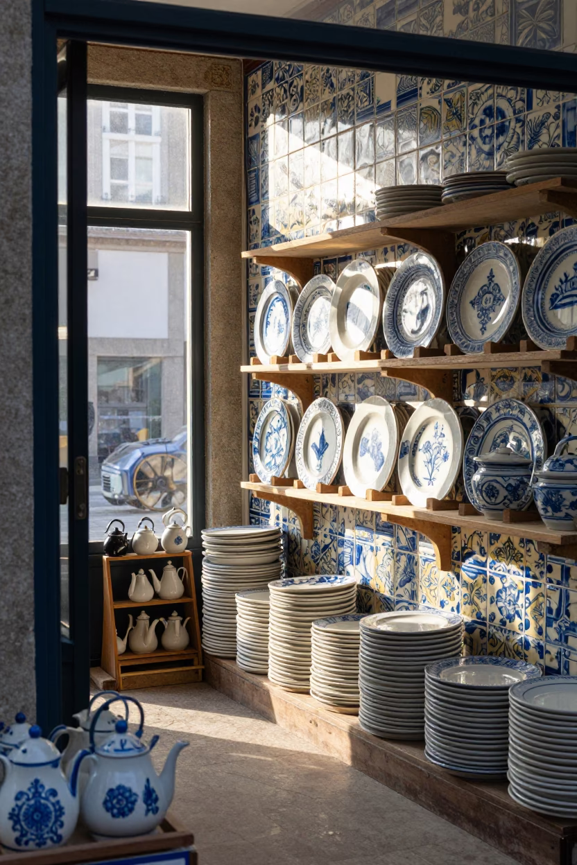 Sunlit Traditional Azulejo Tile Shop Interior in Porto Portugal with Ceramic Display in in Porto, Portugal