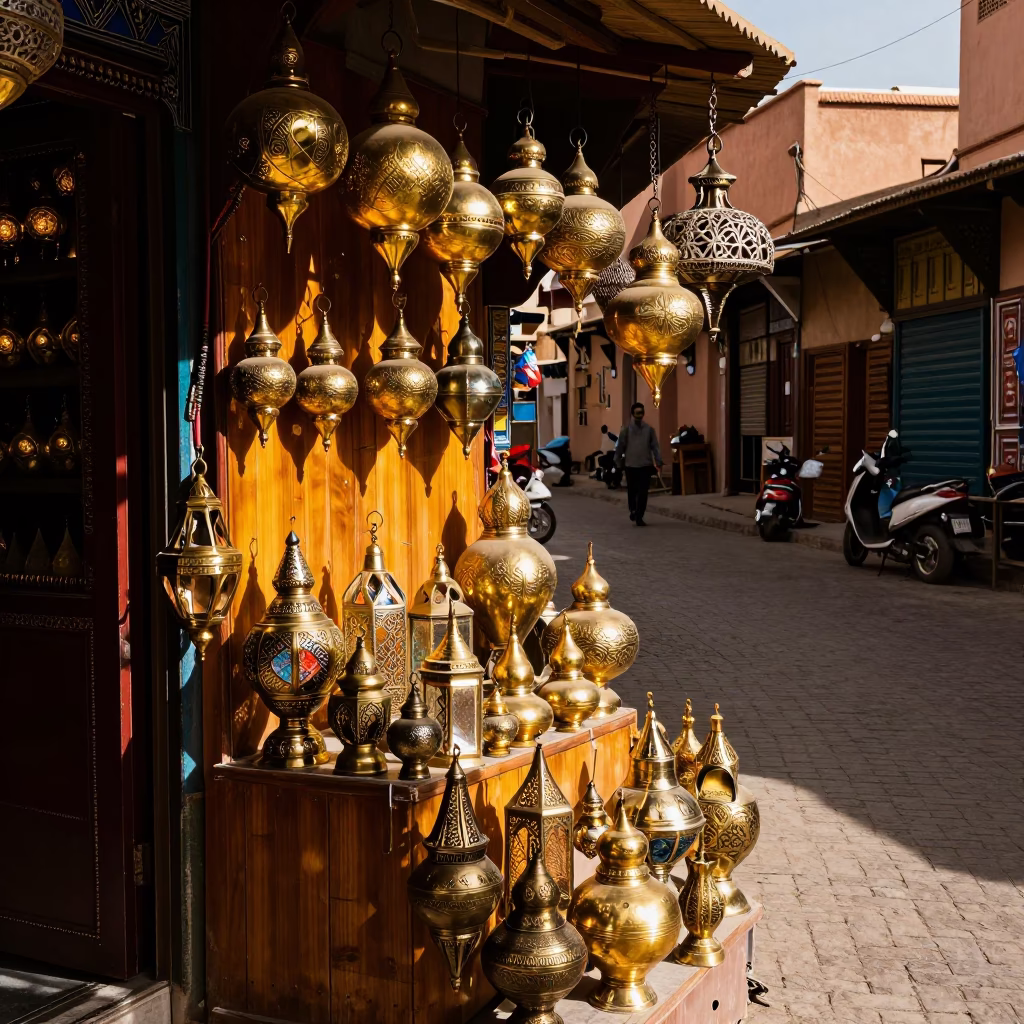 Sunlit Traditional Souk Stall Displaying Brass Lanterns and Textile Fringes in Marrakech Medina in in Marrakech, Morocco