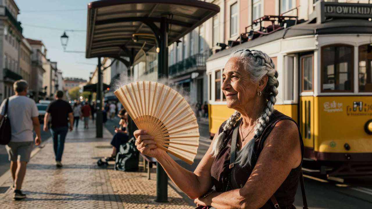 Sunlit Tram Stop in Lisbon with Folding Fan and Condensation in in Lisbon, Portugal