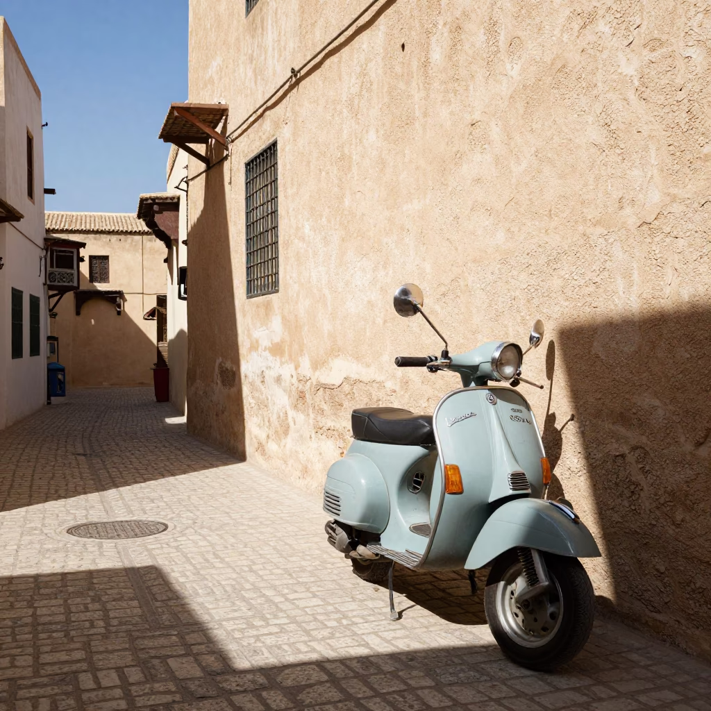 Sunlit Tunis Medina Alley with Vintage Vespa and Traditional Decor in in Tunis, Tunisia