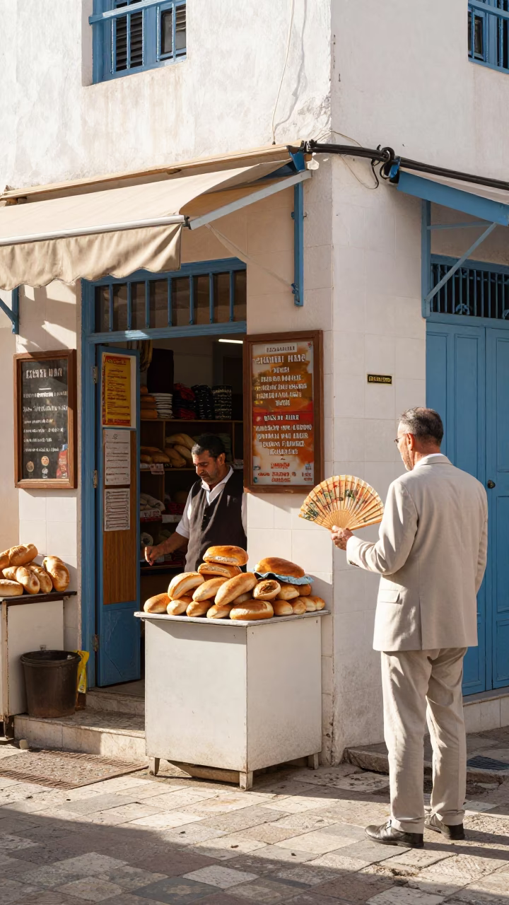 Sunlit Tunis Street Scene with Vintage 1970s Folding Fan and Local Commerce in in Tunis, Tunisia