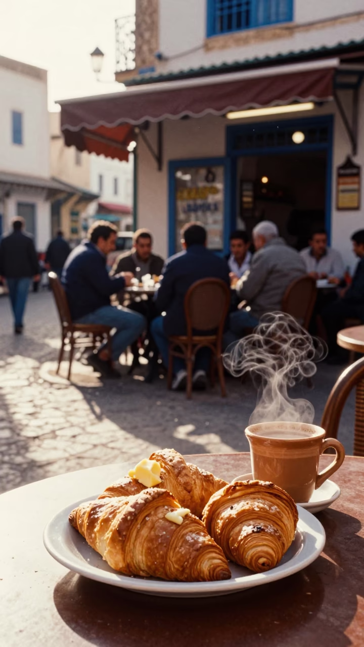 Sunlit Tunisian Street Corner with Local Breakfast and University Life in Tunis in in Tunis, Tunisia