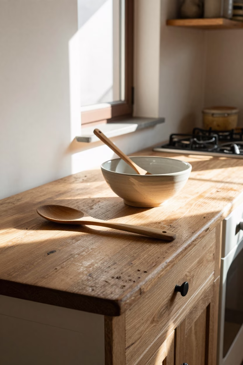 Sunlit Tuscan Kitchen Counter with Wooden Spoon and Mixing Bowl in in Florence, Italy