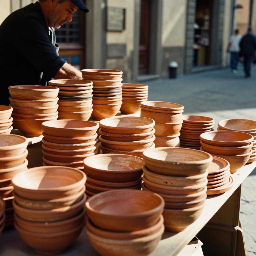 Sunlit Tuscan Market Stall Displaying Traditional Terracotta Bowls in Florence Italy in in Florence, Italy