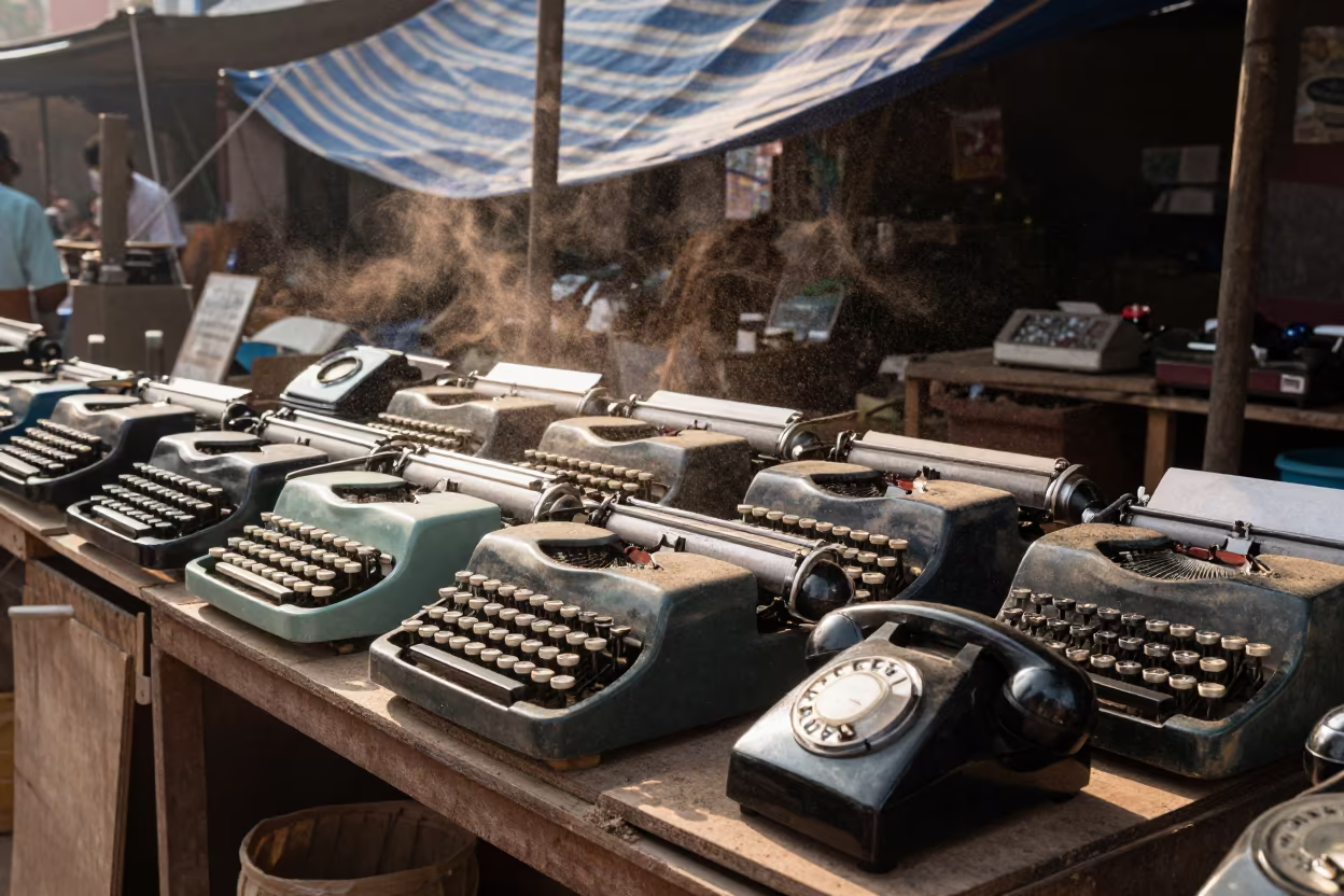Sunlit Typewriters and Phones at Kerala Market in at a market stall in Thiruvananthapuram