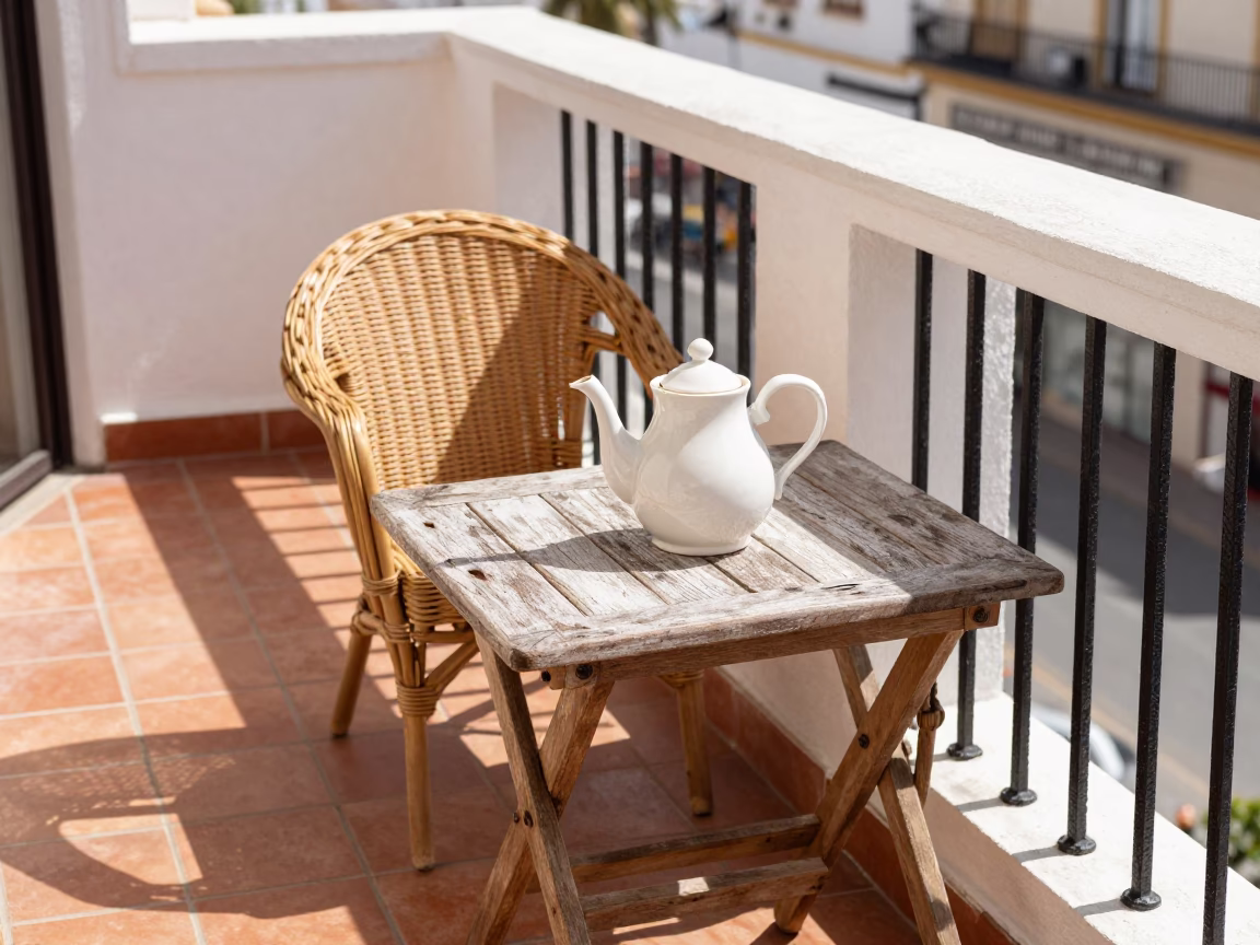 Sunlit Valencia Balcony with Ceramic Tea Set and Woven Rattan Stool in in Valencia, Spain