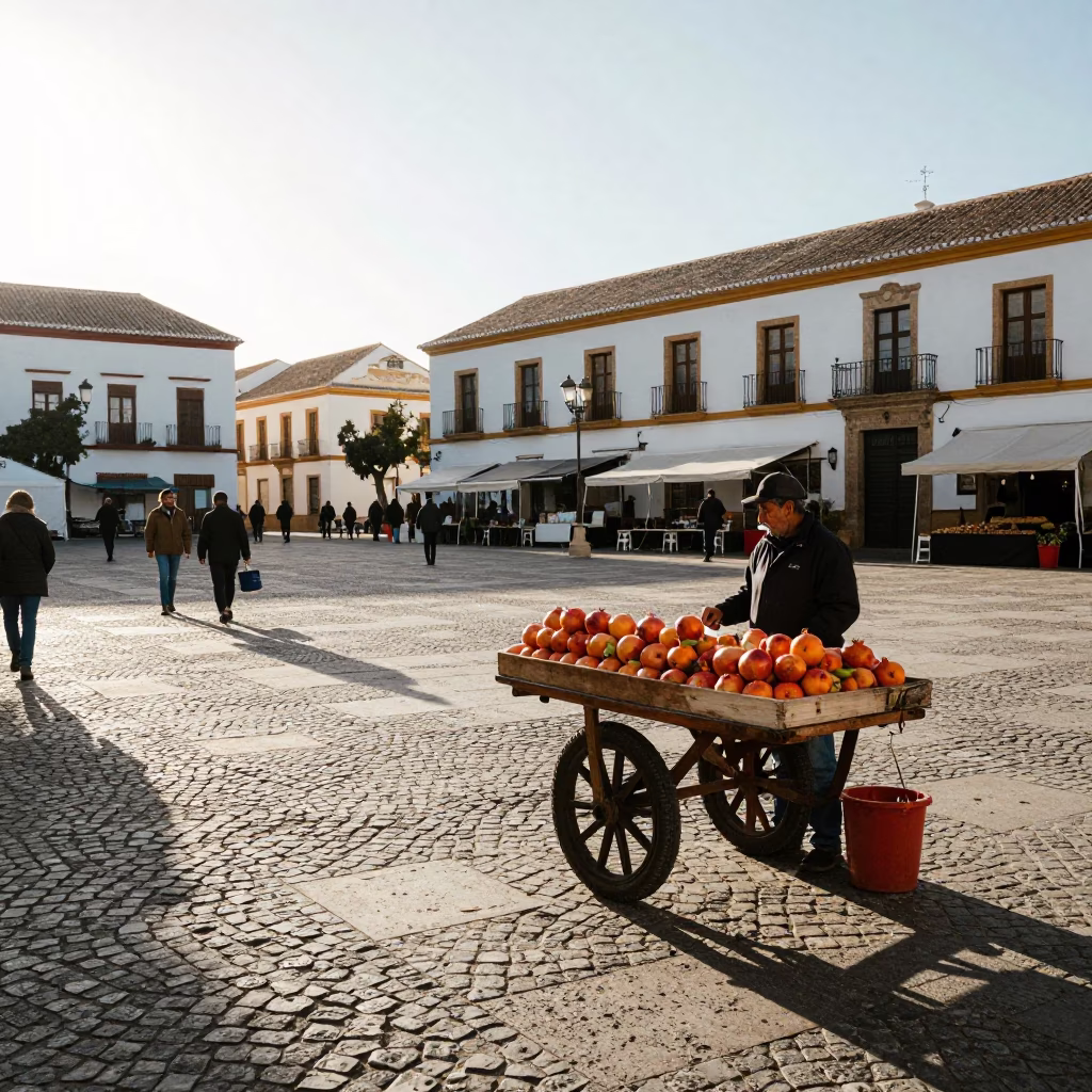 Sunlit Valencia Plaza Morning Market Scene with Local Vendor and Fresh Produce in in Valencia, Spain