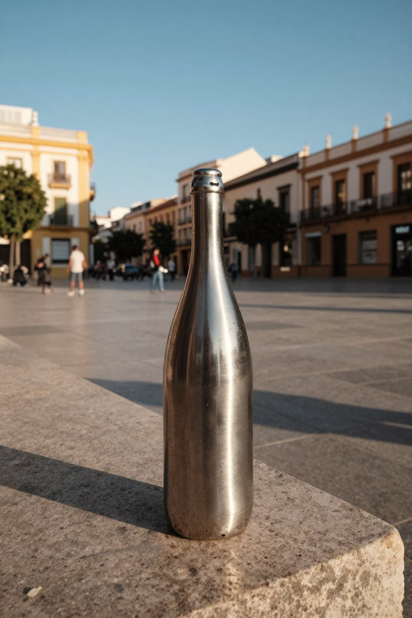 Sunlit Valencia Plaza Scene with Brushed Steel Bottle and Dented Metal Rim in in Valencia, Spain