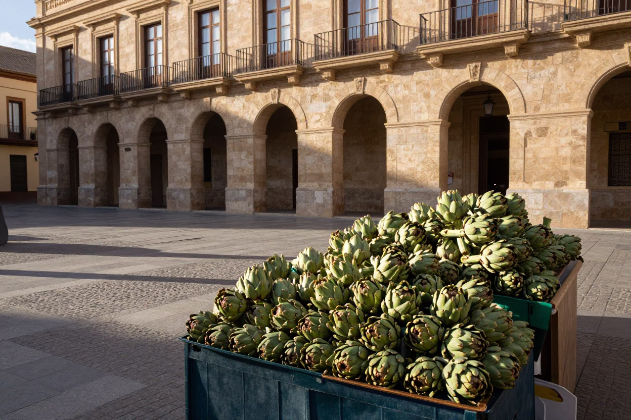 Sunlit Valencia Plaza Scene with Local Artichoke Market Stall and Traditional Architecture in in Valencia, Spain