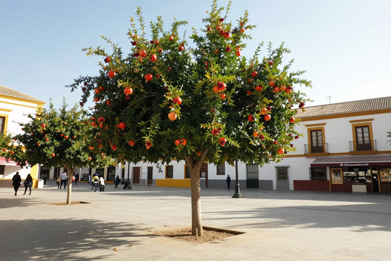 Sunlit Valencia Plaza Scene with Pomegranate Tree and Local Street Life in in Valencia, Spain