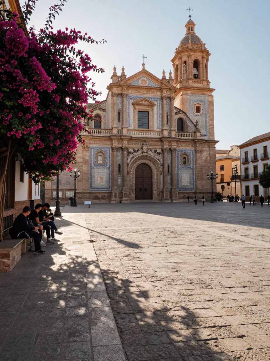 Sunlit Valencia Plaza with Bougainvillea and Local Morning Routine in in Valencia, Spain