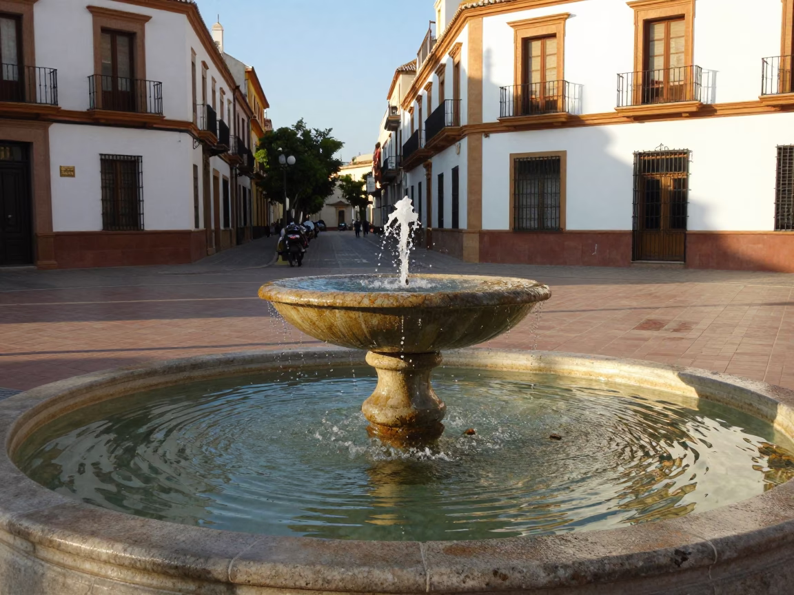 Sunlit Valencia Plaza with Fountain Basin and Lived-In Street Scene in in Valencia, Spain