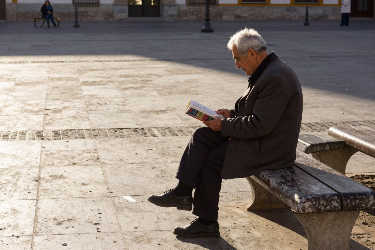 Sunlit Valencia Plaza with Old Man Reading Bookmark Near Garden Gate in in Valencia, Spain