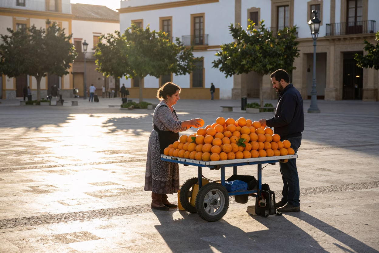 Sunlit Valencia Plaza with Oranges and Traditional Spanish Morning Routine in in Valencia, Spain