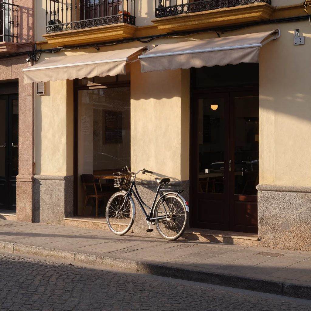 Sunlit Valencia Street Scene with Bicycle and Local Morning Activity in in Valencia, Spain