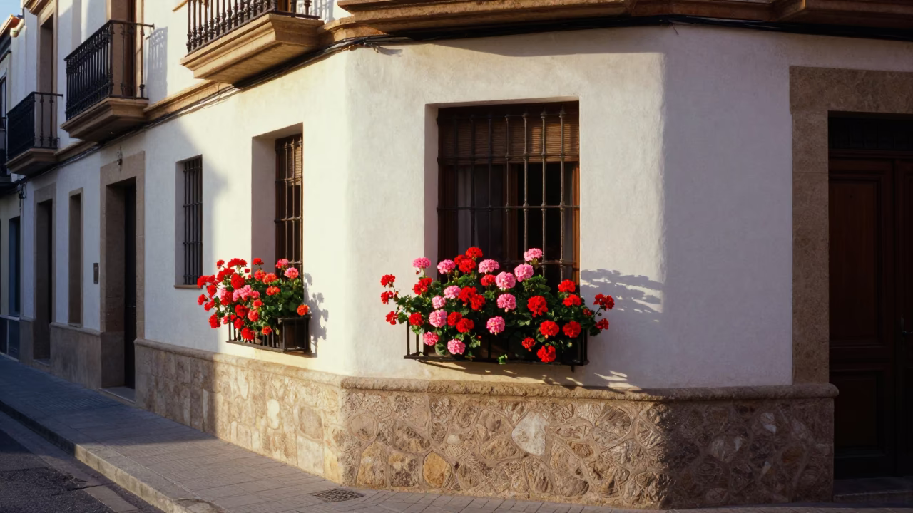 Sunlit Valencia Street Scene with Colorful Window Boxes and Local Morning Activity in in Valencia, Spain