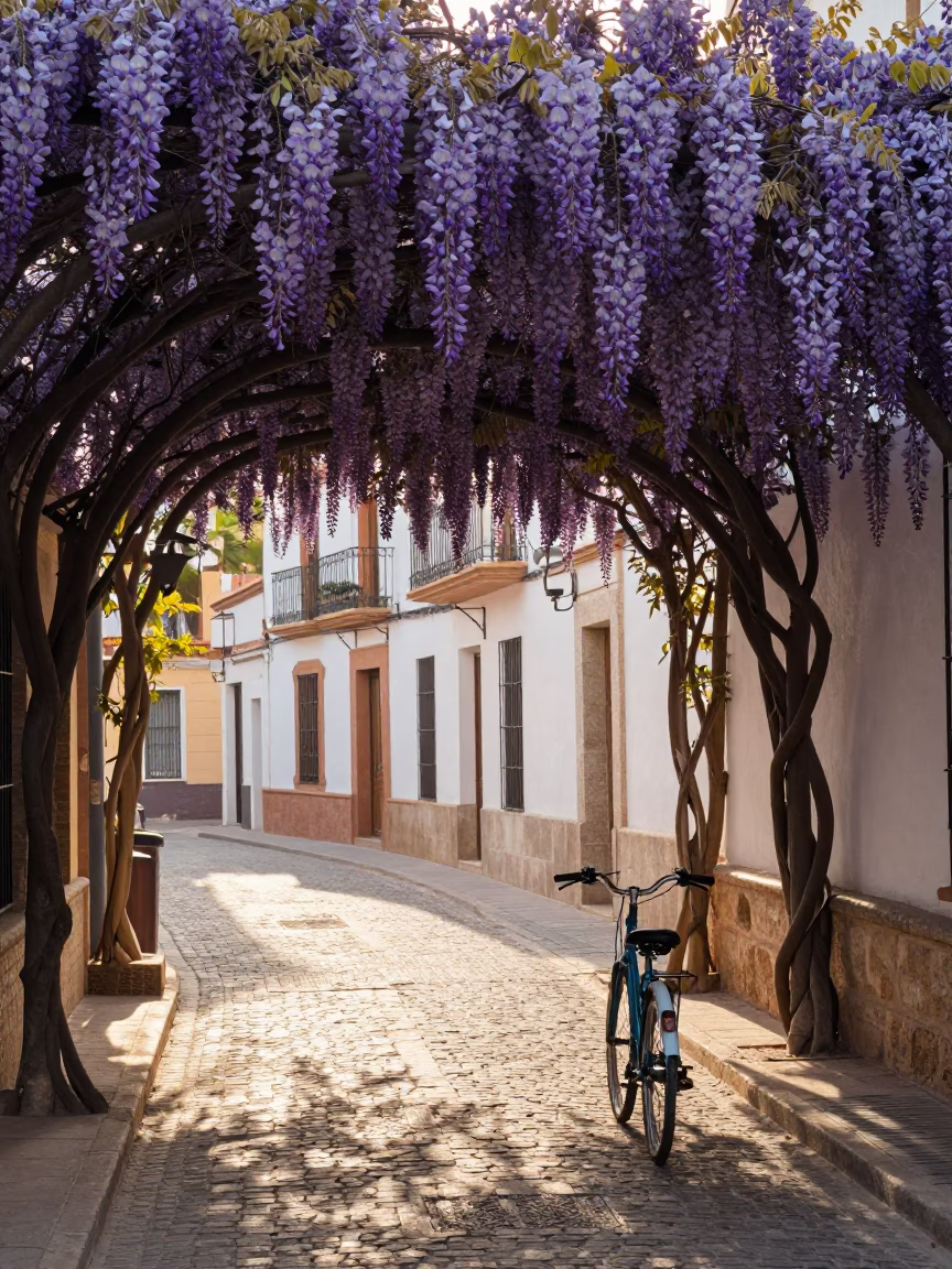 Sunlit Valencia Street Scene with Wisteria Tunnel and Bicycle at Sunrise in in Valencia, Spain