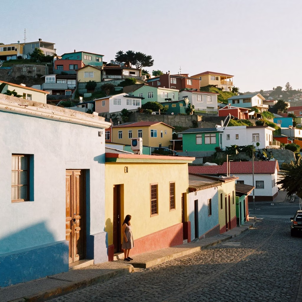 Sunlit Valparaiso Chile Street Scene with Colorful Hillside Architecture in in Valparaiso, Chile