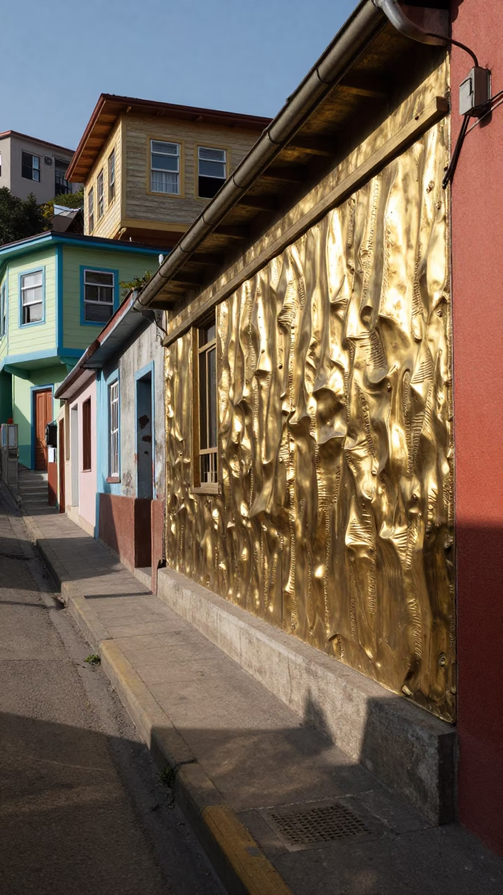 Sunlit Valparaiso Street Scene with Brass Plaster Wall and Peg Basket in in Valparaiso, Chile