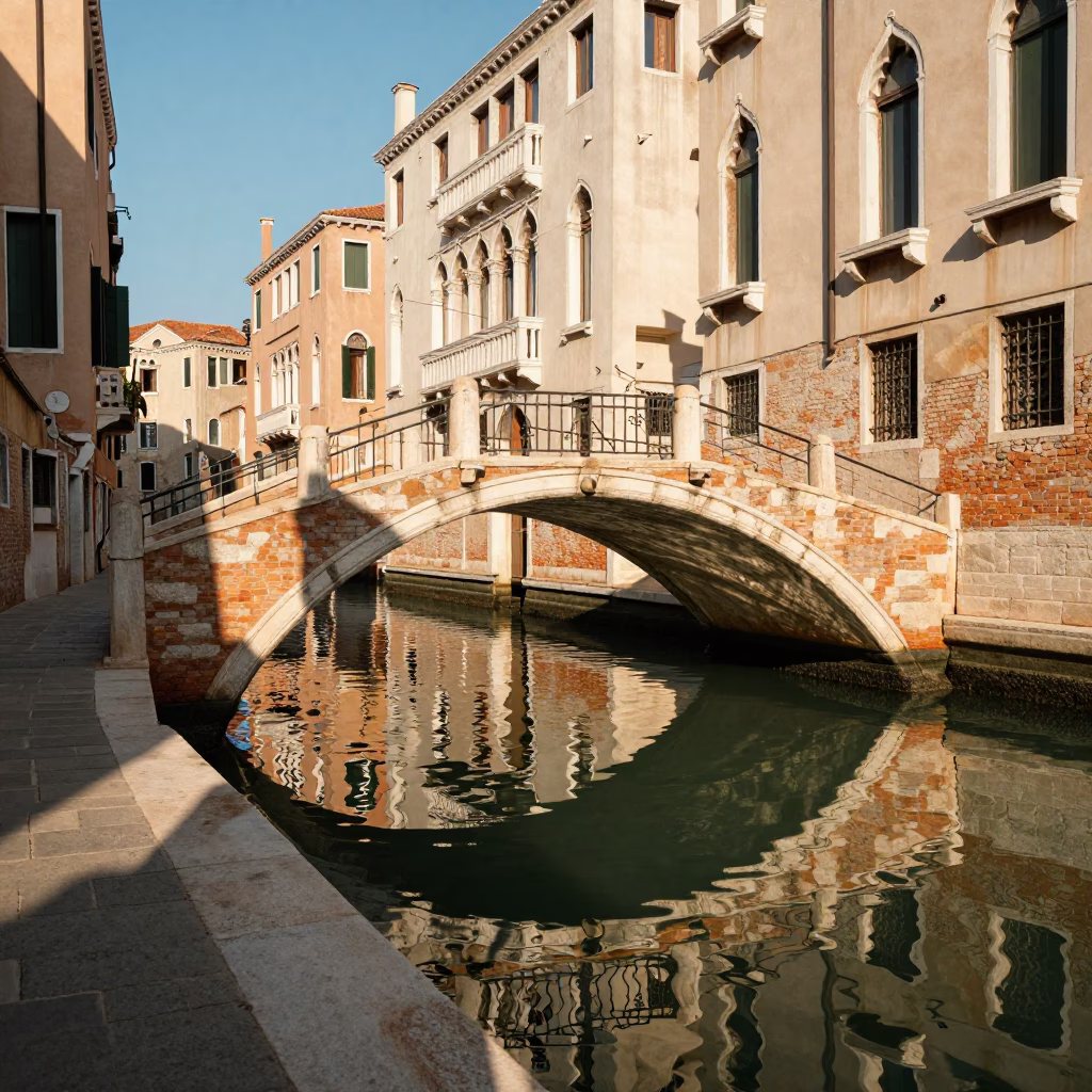 Sunlit Venetian Canal Bridge with Wicker Shadow and Brushed Steel Hinge Detail in in Venice, Italy