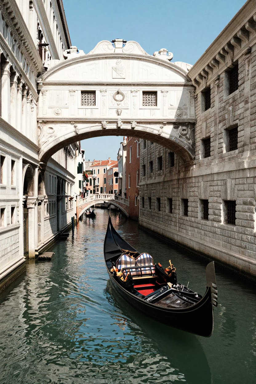 Sunlit Venetian Canal Gondola Passes Under Stone Bridge at Midday in in Venice, Italy