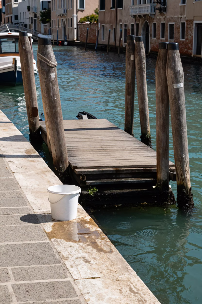 Sunlit Venetian Canal Scene with Ferry Ramp and Paint Flecks in in Venice, Italy