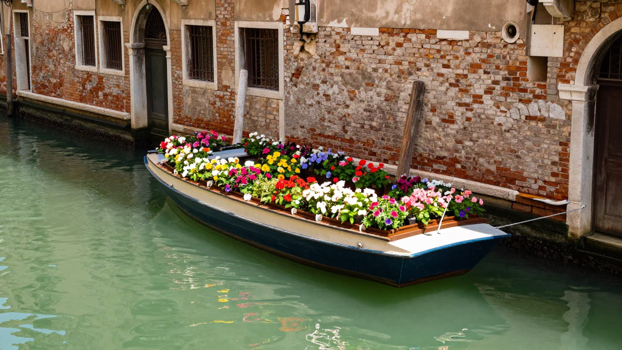 Sunlit Venetian Canal Scene with Houseboat Flower Garden and Local Daily Life at Midday in in Venice, Italy