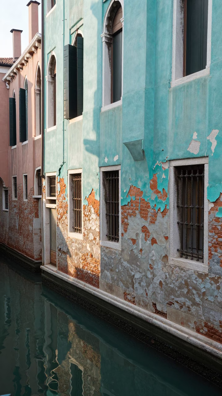 Sunlit Venetian Canal Scene with Peeling Turquoise Paint and Traditional Gondola in in Venice, Italy