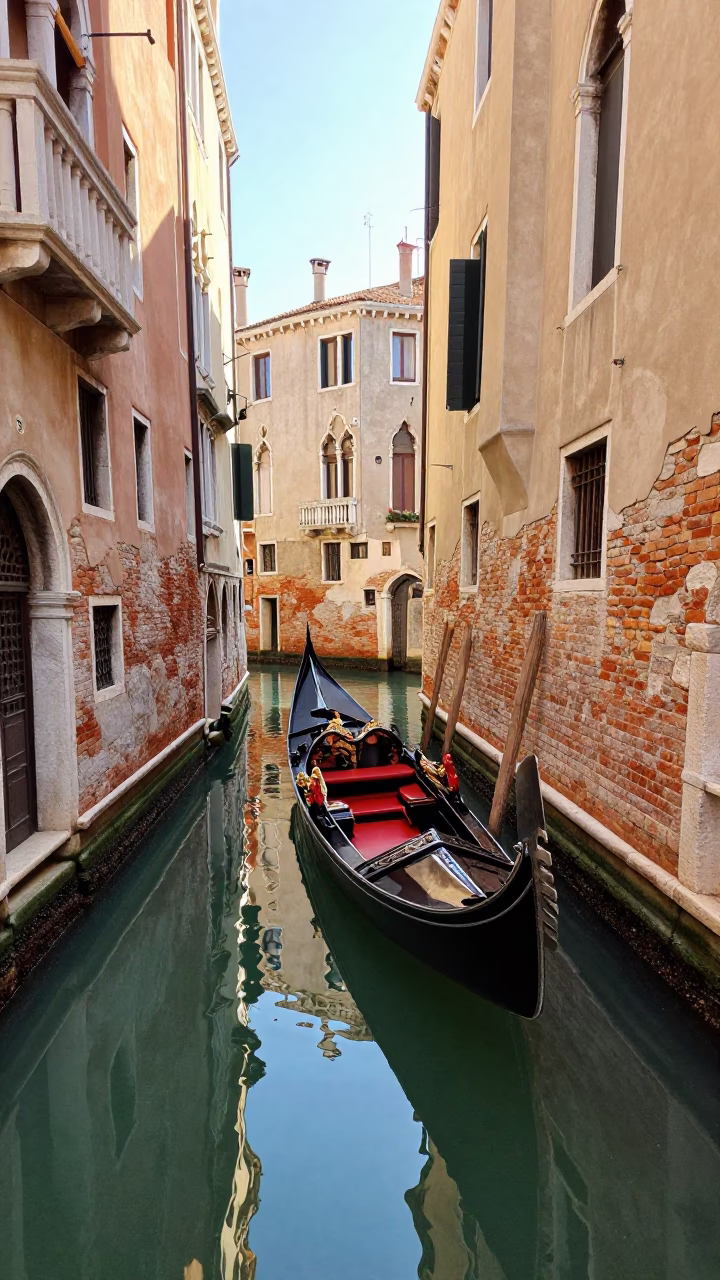 Sunlit Venetian Canal Scene with Stone Architecture and Local Boat in Early Afternoon in in Venice, Italy
