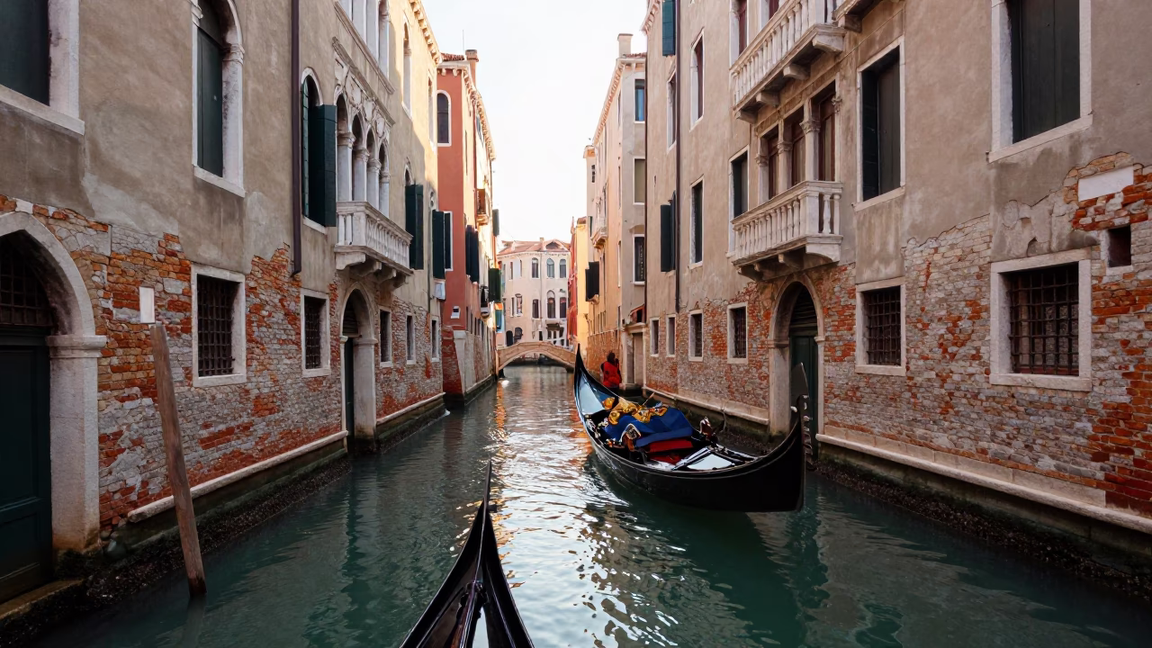Sunlit Venetian Canal with Gondola and Tourists at First Light in in Venice, Italy