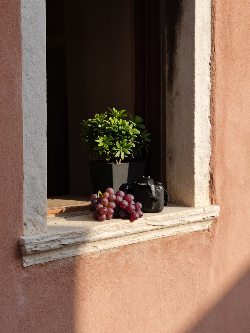 Sunlit Venetian Window Sill with Grapes and Boxwood Hedges in Late Afternoon in in Venice, Italy