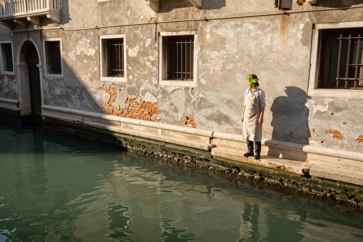 Sunlit Venice Canal Scene with Basil Leaves and Hand Broom at Dawn in in Venice, Italy