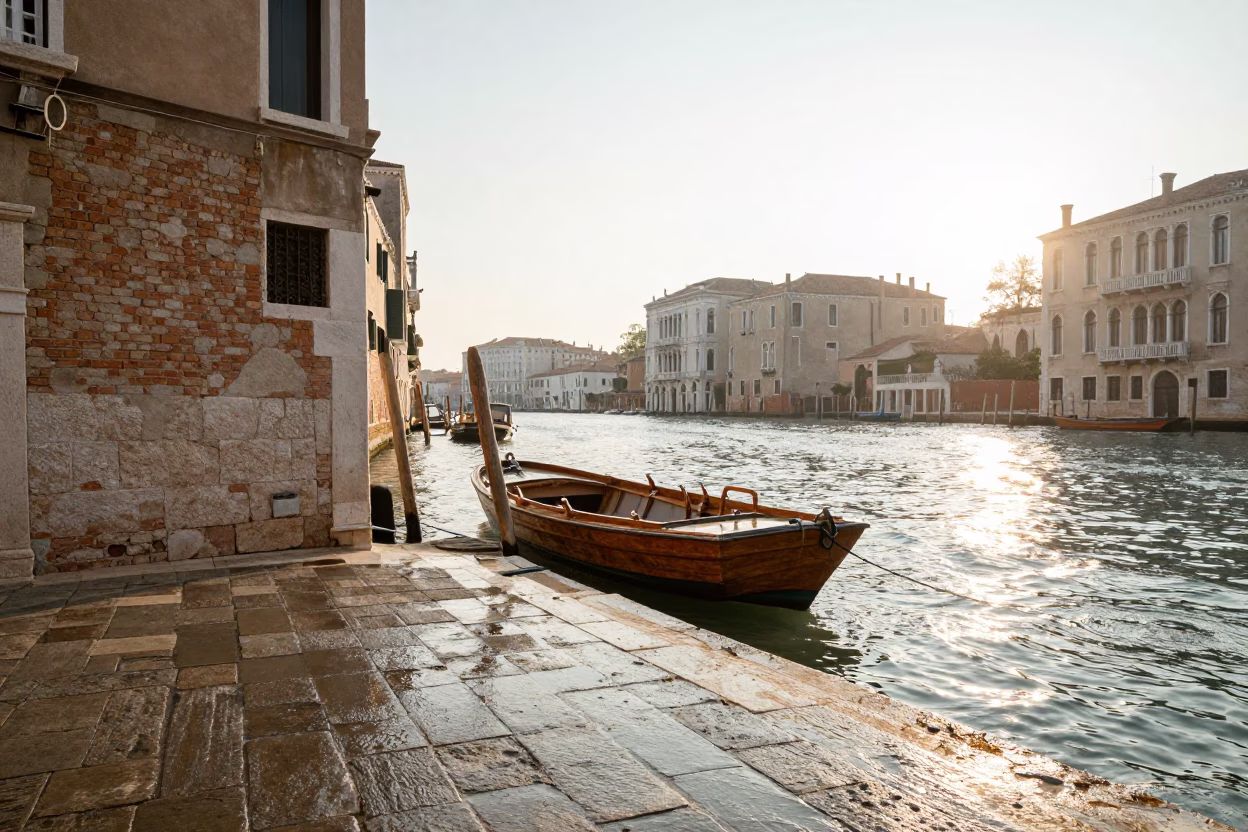 Sunlit Venice Canal Scene with Tailor Shears and Latch Detail at Dawn in in Venice, Italy