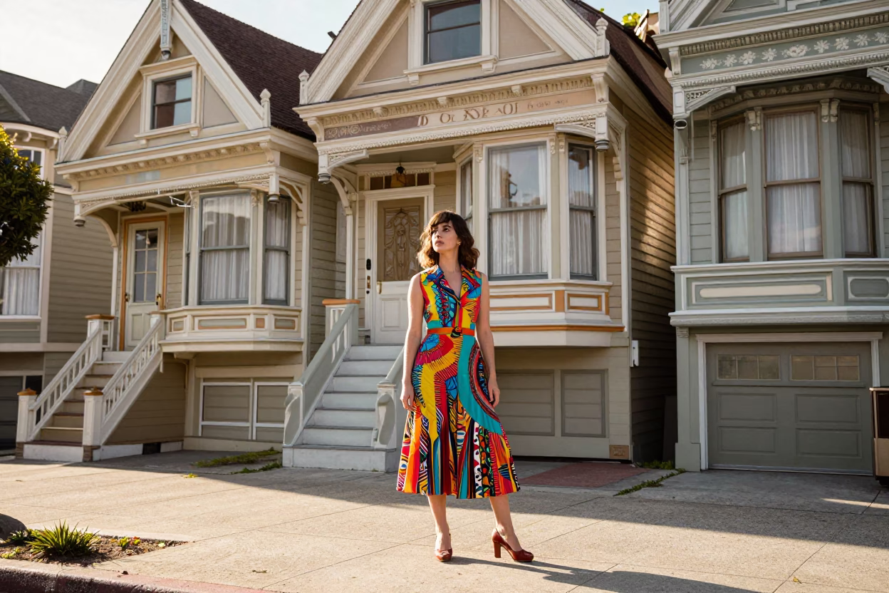 Sunlit Victorian Exterior with Vintage Fashion and Local Street Details in in San Francisco, California, United States
