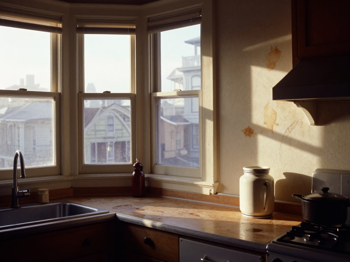 Sunlit Victorian Kitchen with Water Stains and Ceramic Jars in in San Francisco, California, United States