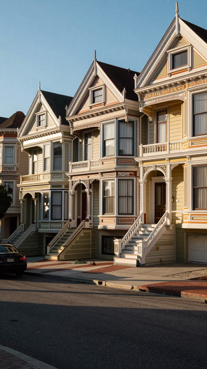 Sunlit Victorian Row Houses and Street Car in San Francisco Early Morning in in San Francisco, California, United States