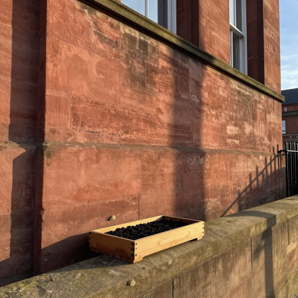 Sunlit Victorian Stone Wall and Seed Tray in Liverpool Garden in in Liverpool, United Kingdom