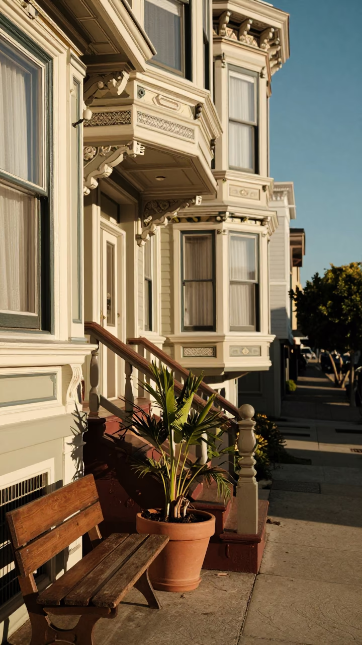 Sunlit Victorian stoop in San Francisco with houseplant and street view in in San Francisco, California, United States