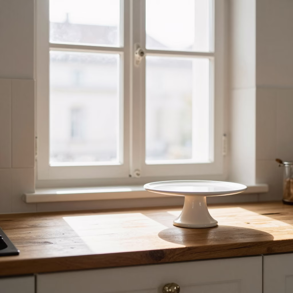 Sunlit Vienna Kitchen Counter with Ceramic Cake Stand and Himalayan Cat in in Vienna, Austria