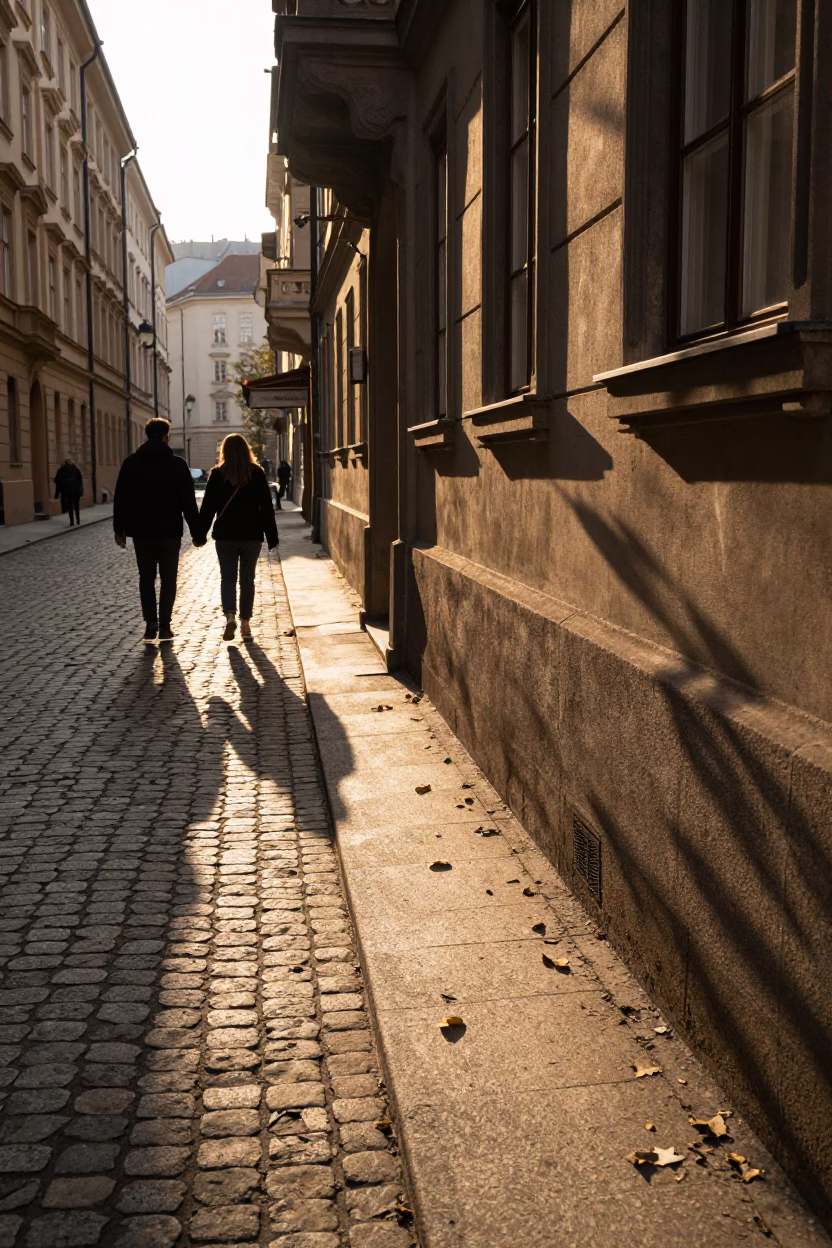 Sunlit Vienna Street Scene with Leaf Shadows and Strolling Couple in in Vienna, Austria